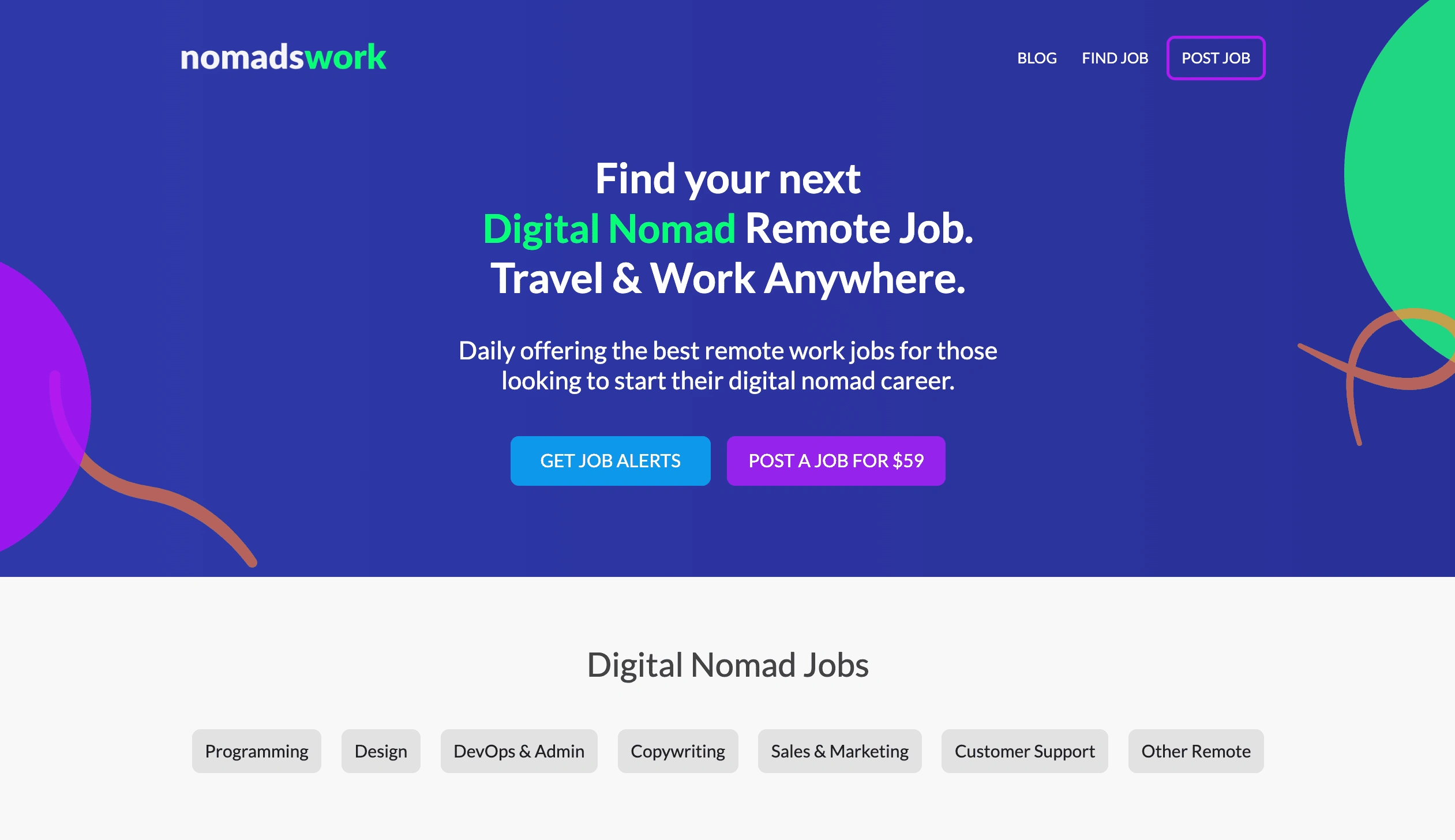 Homepage of Nomadswork Remote Job Board for Digital Nomads.