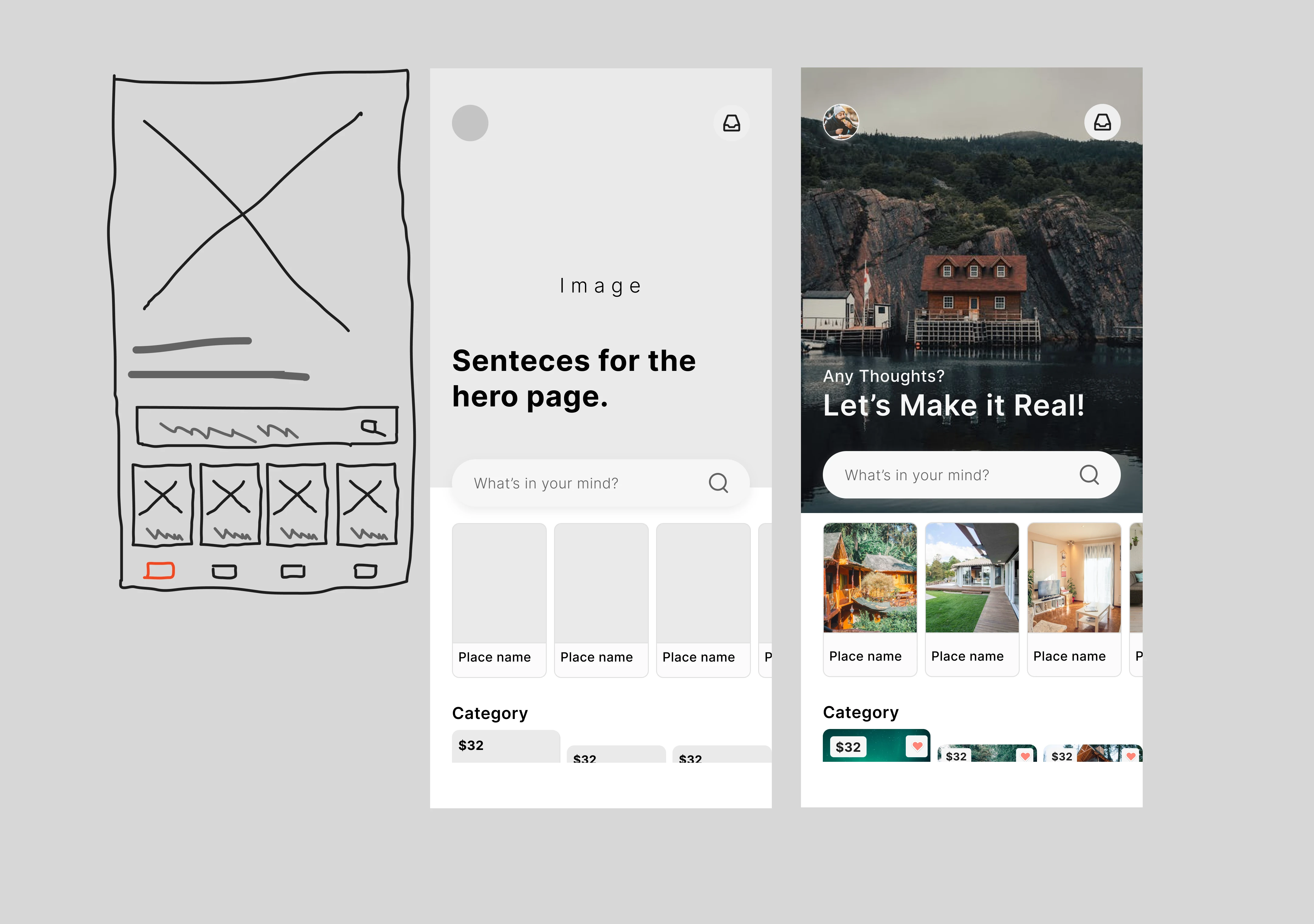 sketching, wire-frame and High-fidelity of Home page 