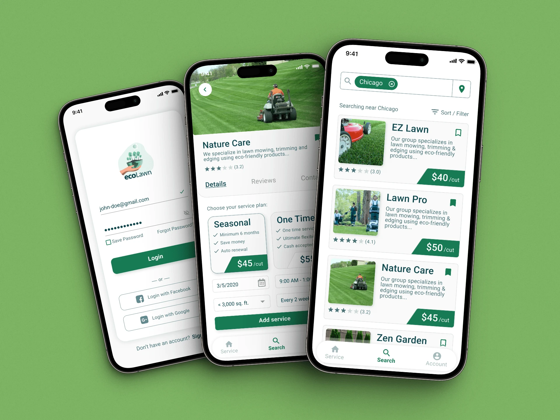 ecoLawn mobile app screens