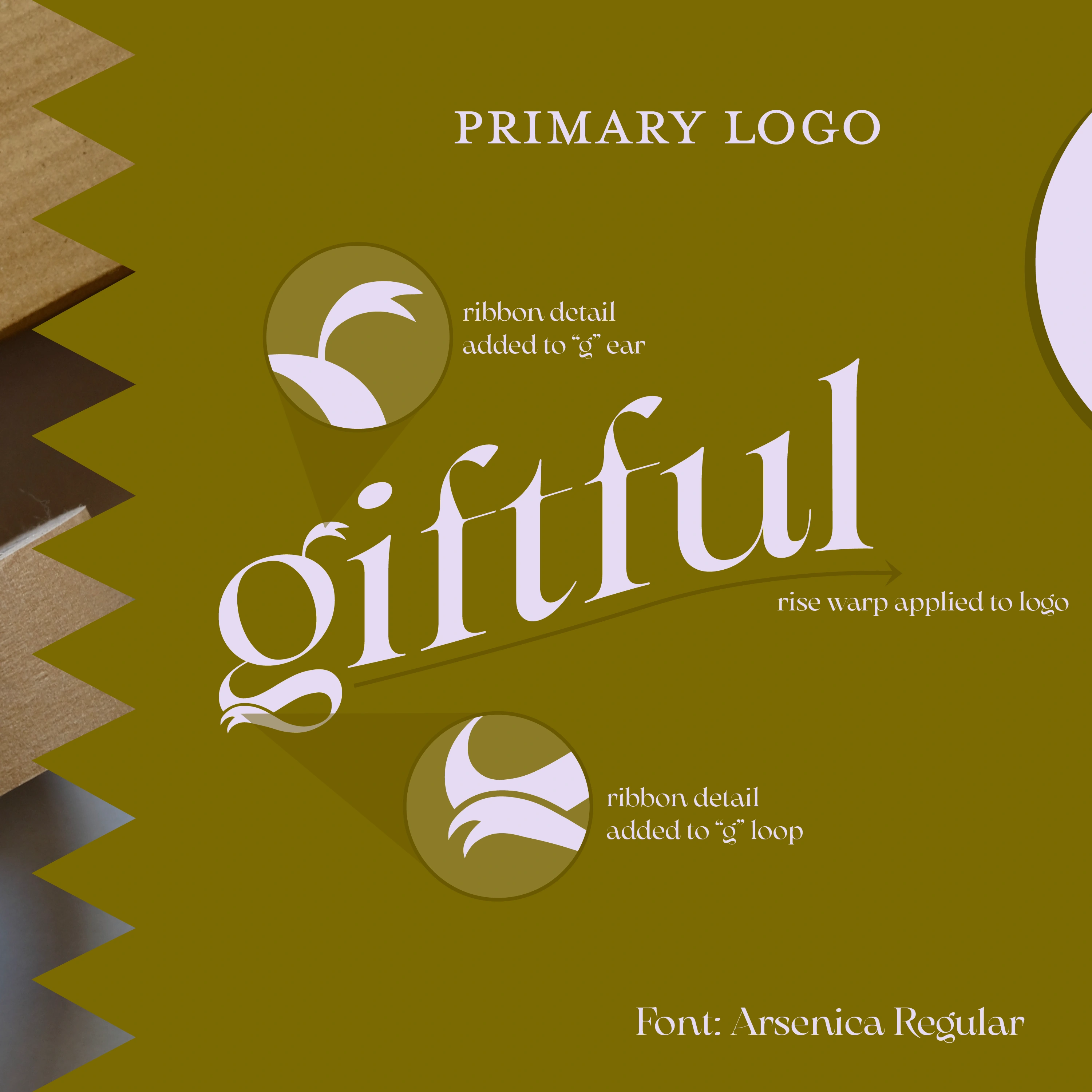 A detailed breakdown of Giftful’s logo, highlighting the thoughtful design choices that reflect the brand’s core values of sustainability and conscious gifting, with special emphasis on the ribbon detail in the ‘G’.