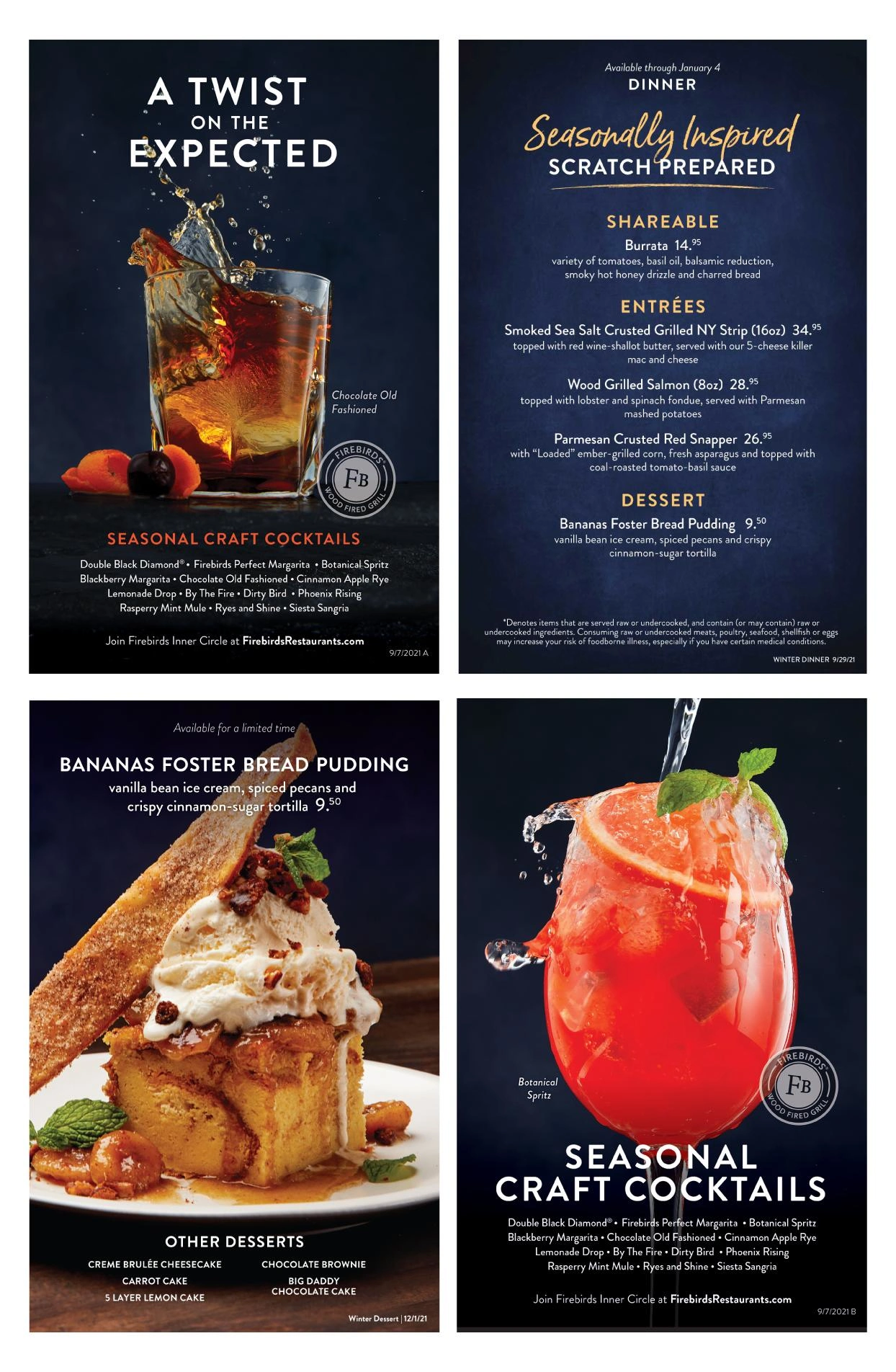 Separate cards were printed for seasonal food menu, cocktails and desserts