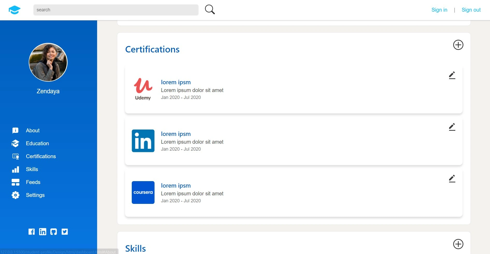 Profile page certifications