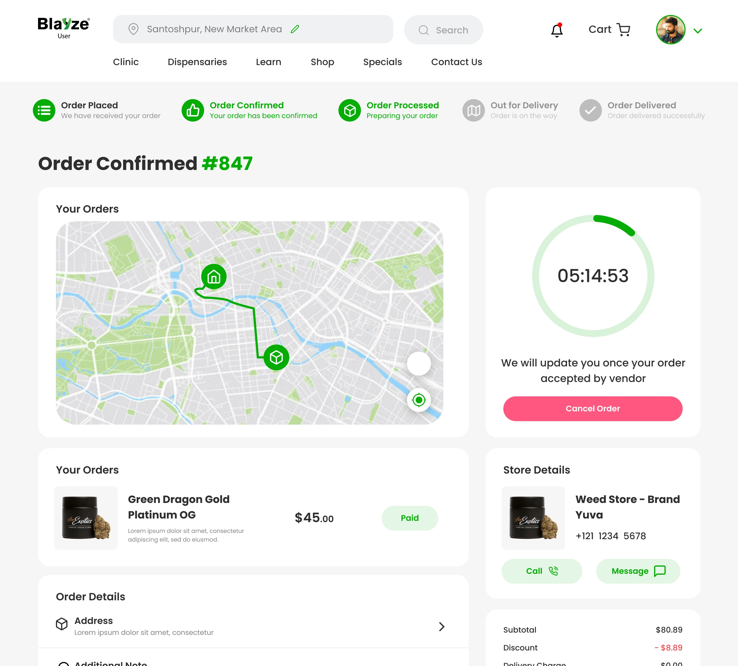 Order confirmation page with tracking details