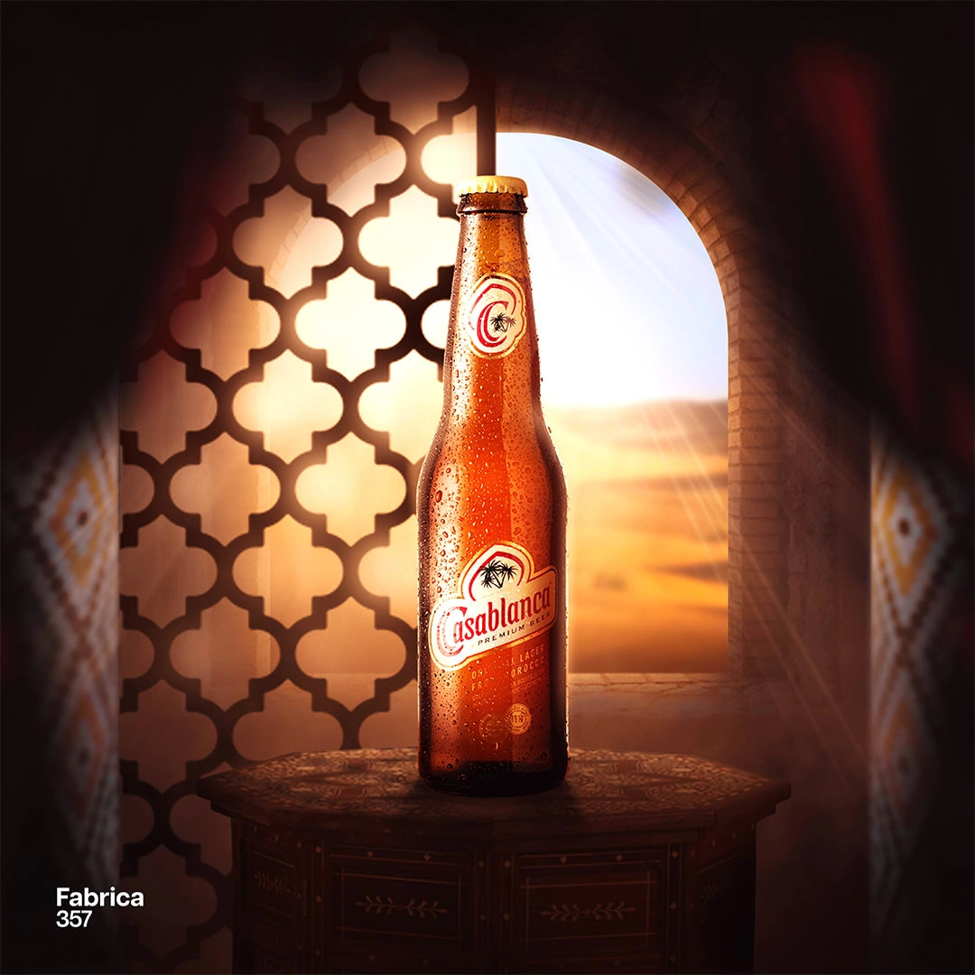 Virtual Product Shot for Casablanca Premium Lager Via LaFabrica 357. Final render was made from scratch, textures hand painted, re-light conception, set design and recolor.