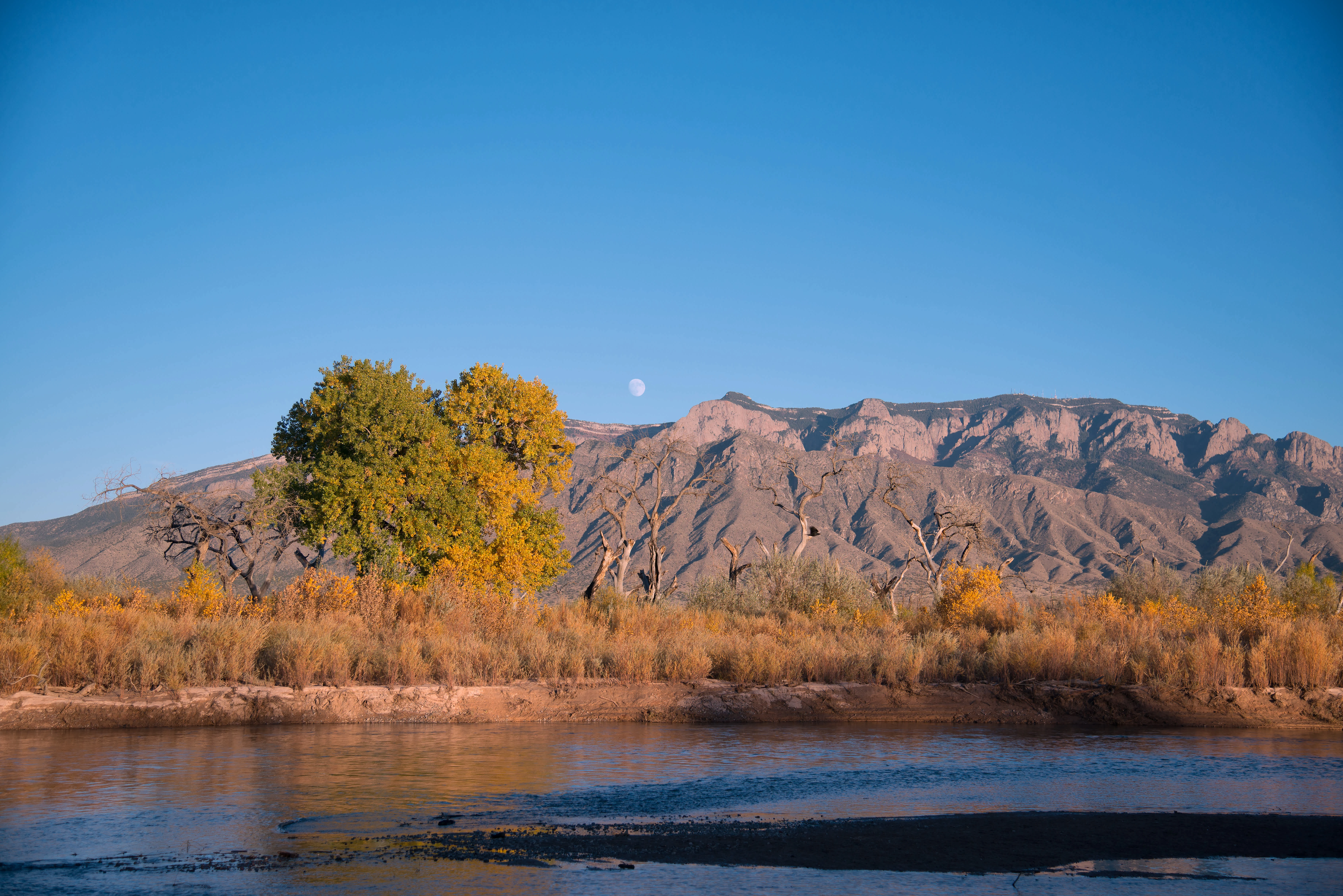 View of Sandía Peak from Corrales before sunset. Photo by John Fowler via Wikimedia Commons.