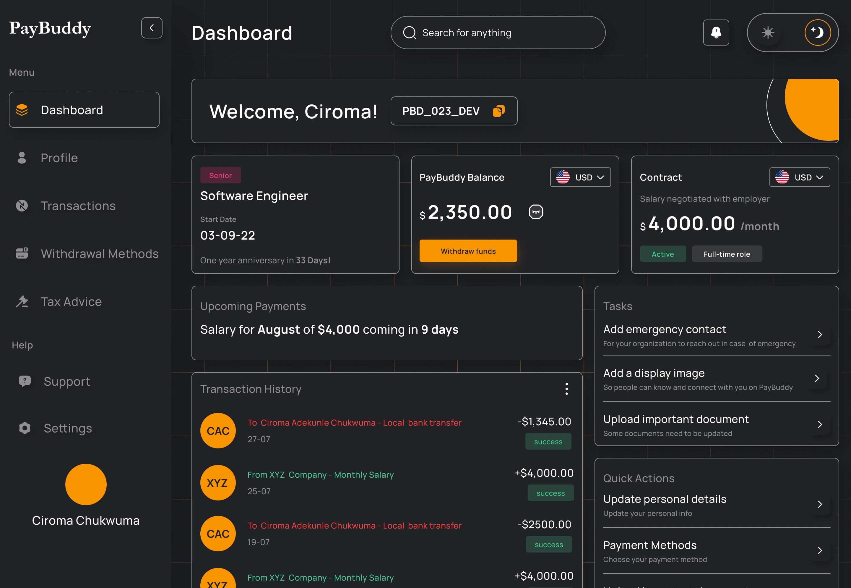 Dashboard for n employee