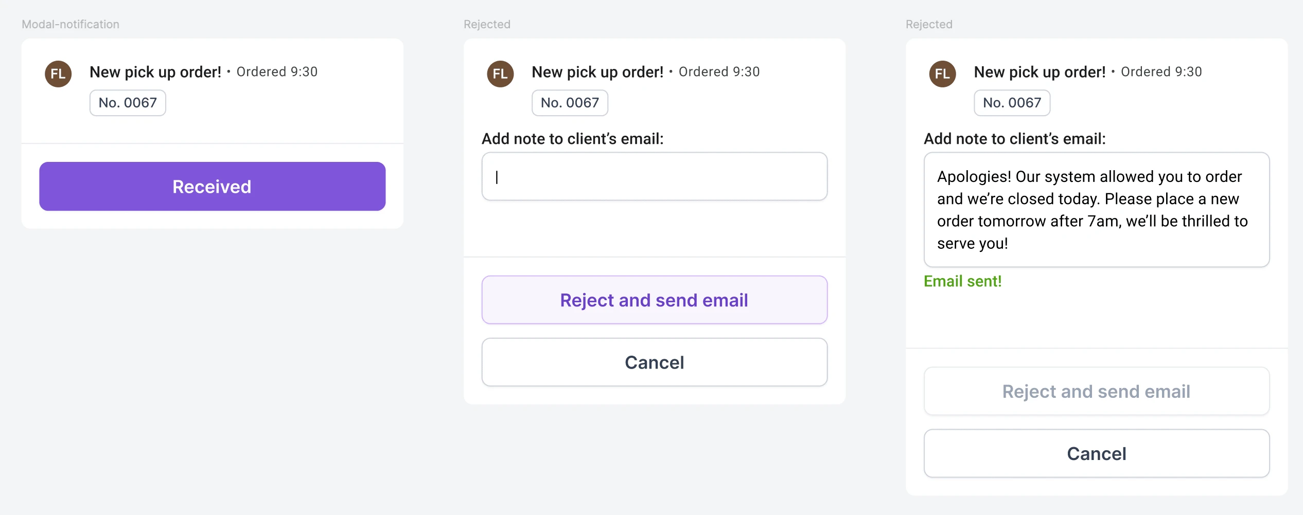 Reject email with note UI 