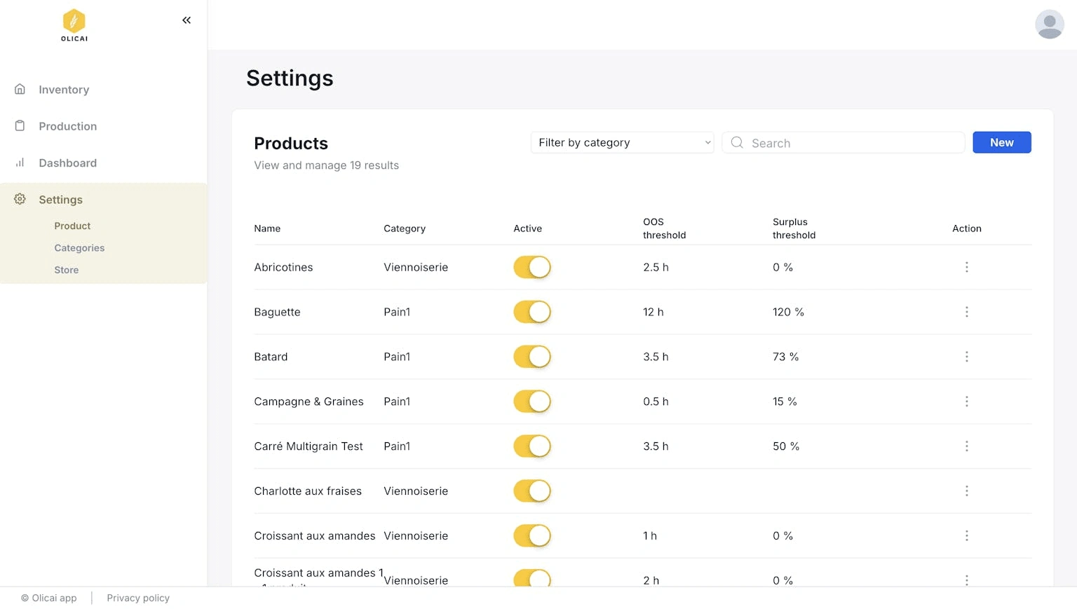 Product settings screen