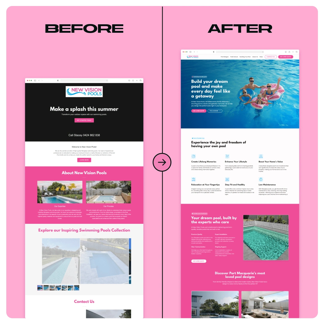 New Vision Pools outdated Squarespace DIY on the left, with Pancake's fresh and funky redesign on the left!