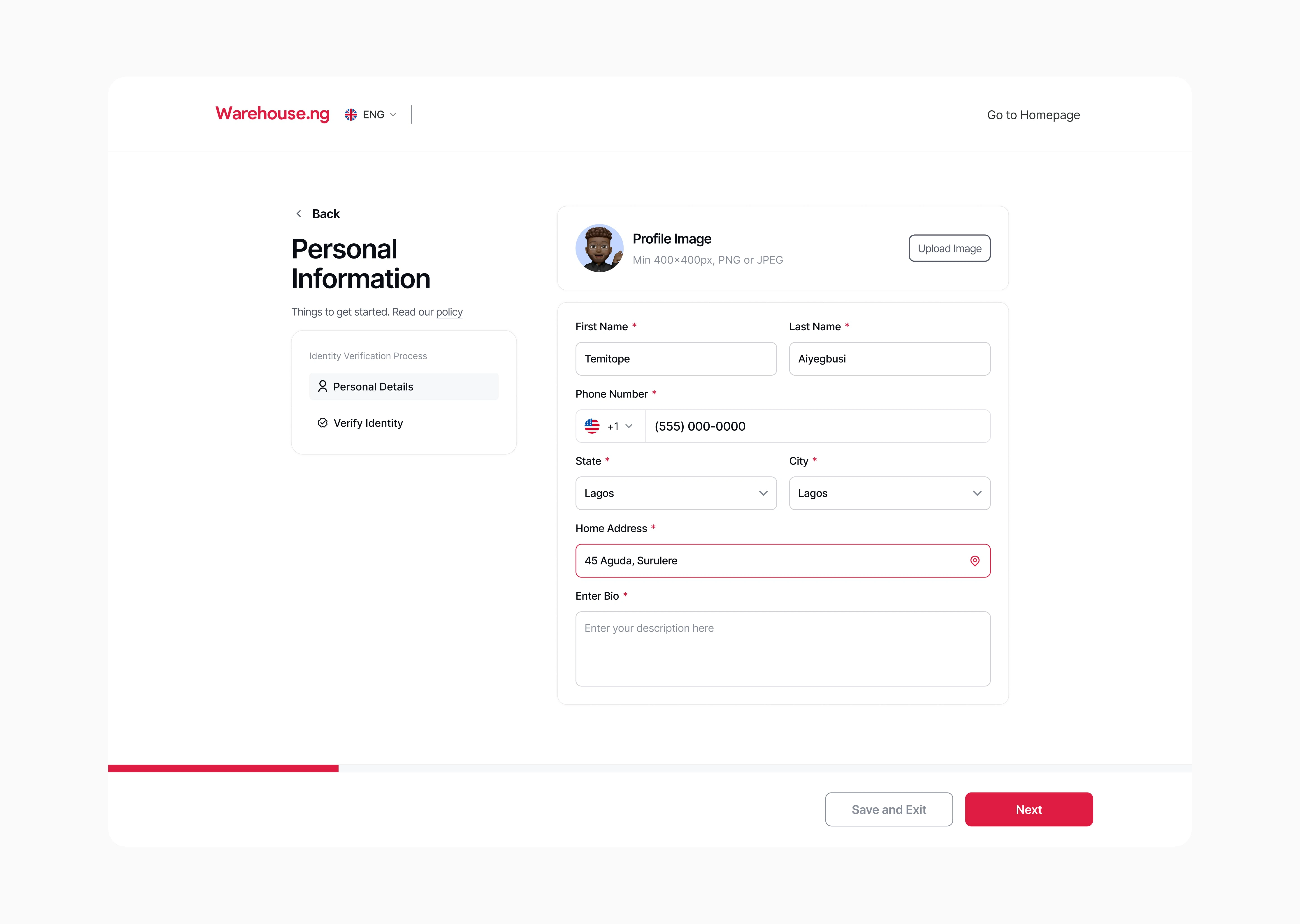 Personal Information Screen