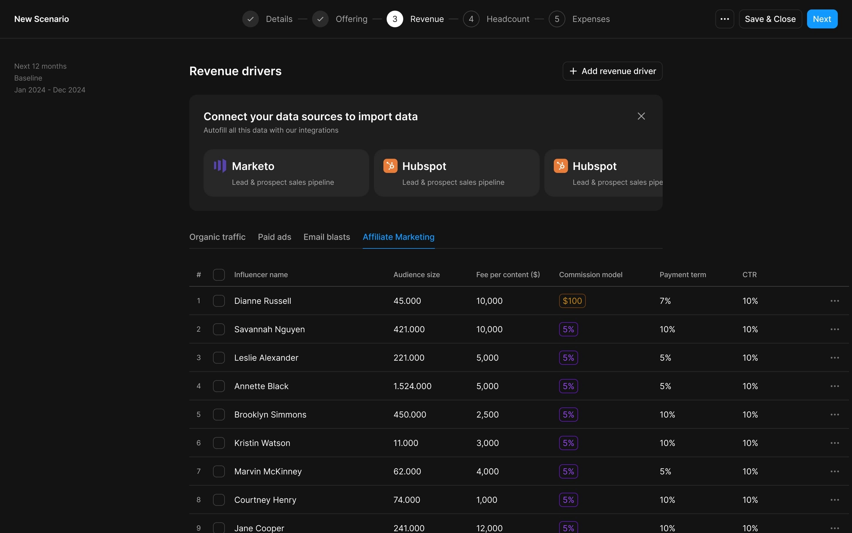 Configuring a scenario - Revenue streams - Affiliate Marketing