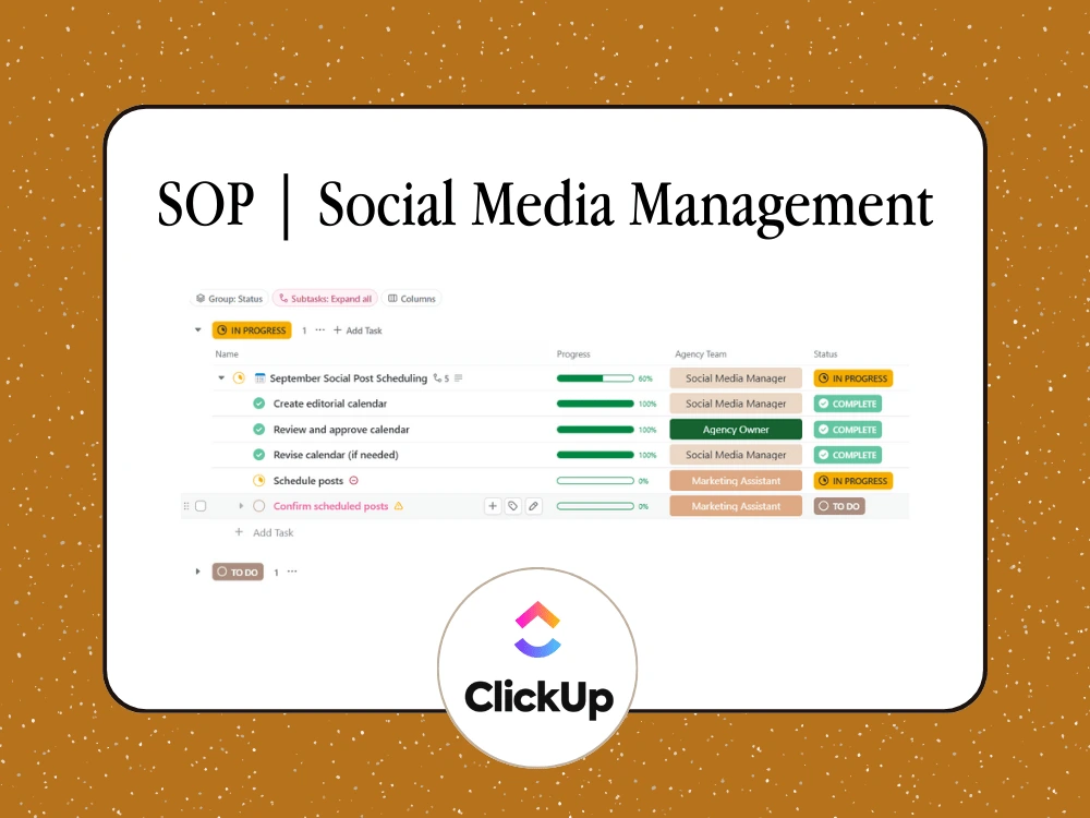 Updated Social Post Scheduling SOP in ClickUp. Created by Danyelle McInnis, freelance Operations Manager.