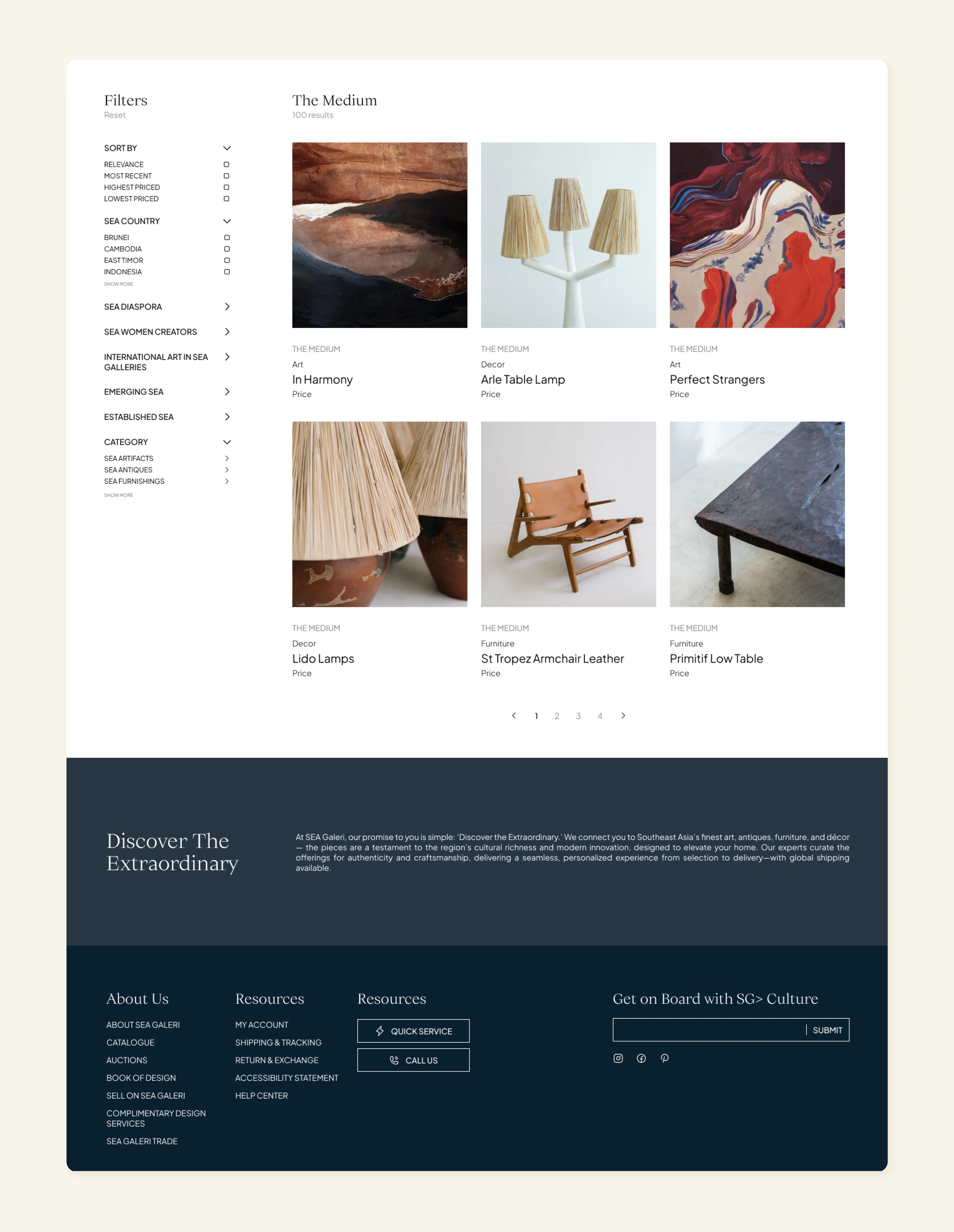 SEA Galeri e-commerce product sorting view & footer design