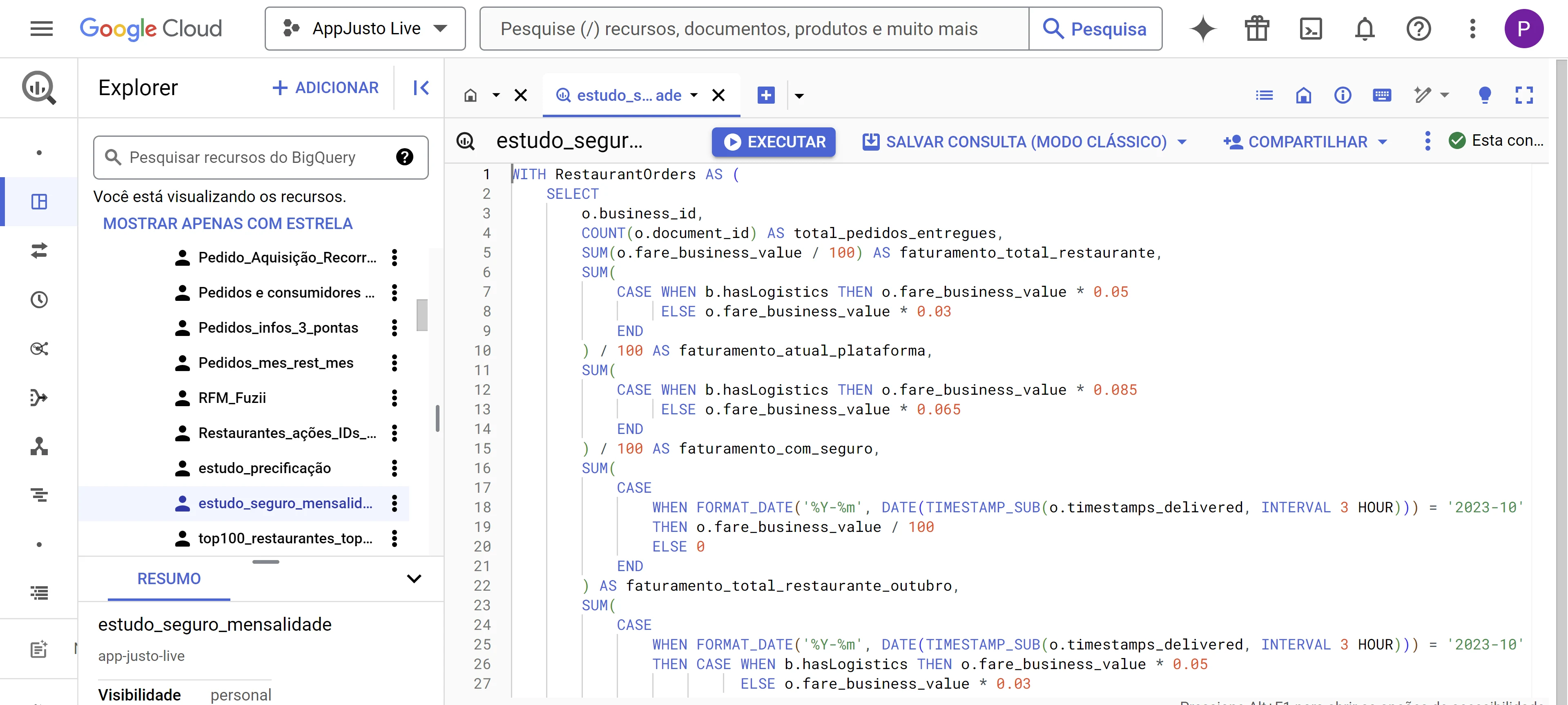 SQL Query in the Data Warehouse (Google BigQuery).