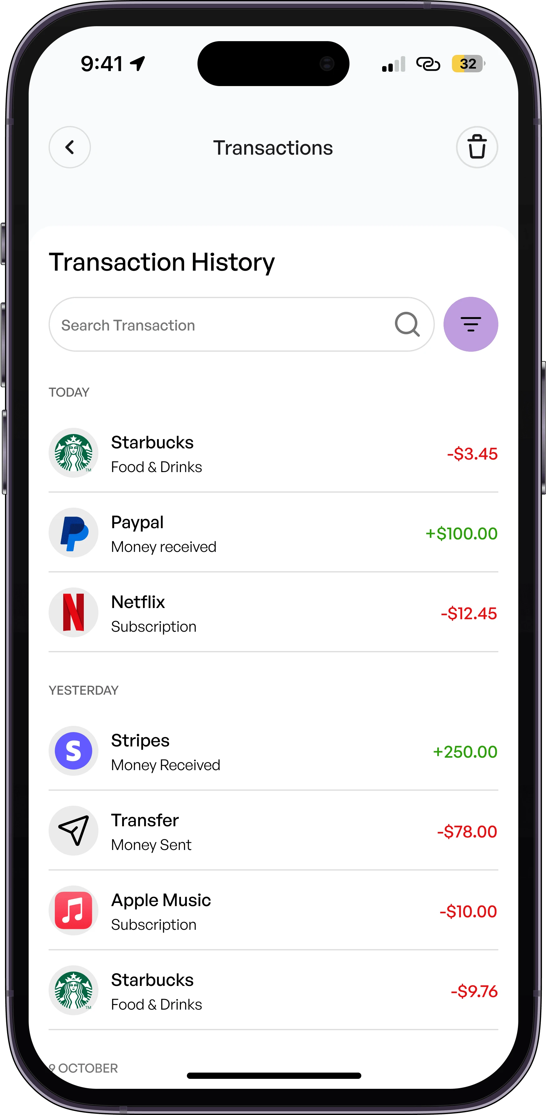 Transaction History Page of the Prospera Mobile App 