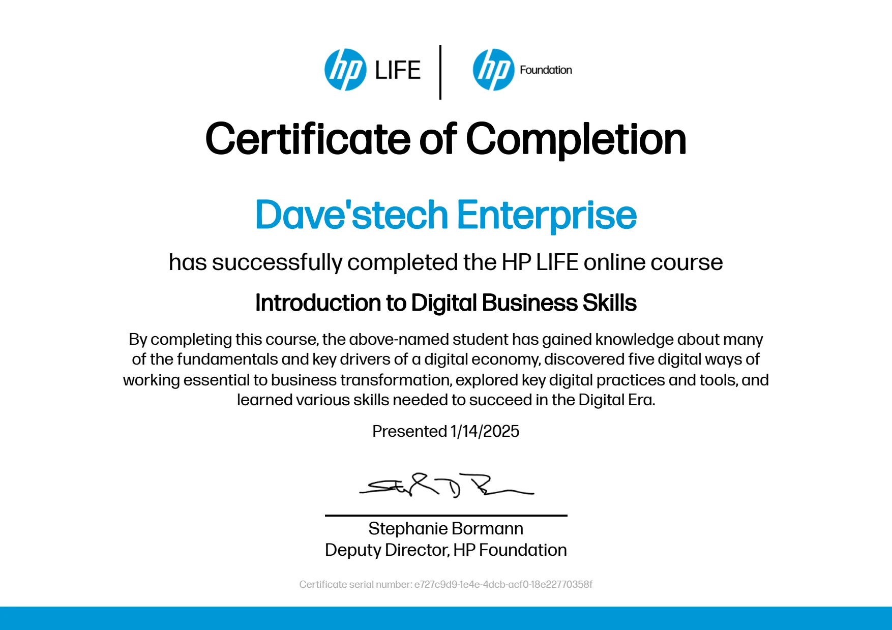 Dave'stech Enterprise Digital marketing Certificate 