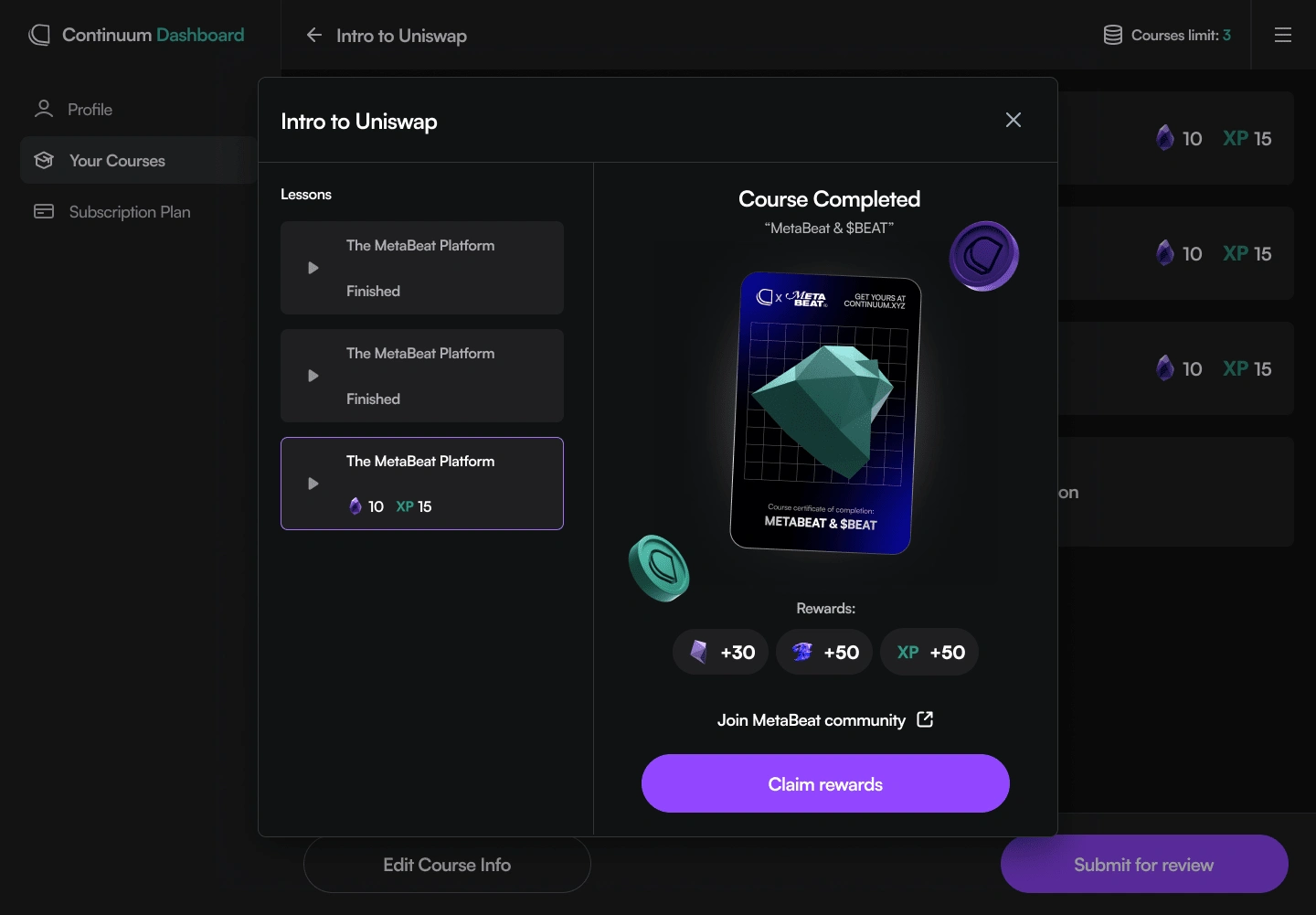 Continuum course creation feature which allow text, images, and video. Courses are composed of lessons, quizzes, and crypto, NFT, and XP rewards.