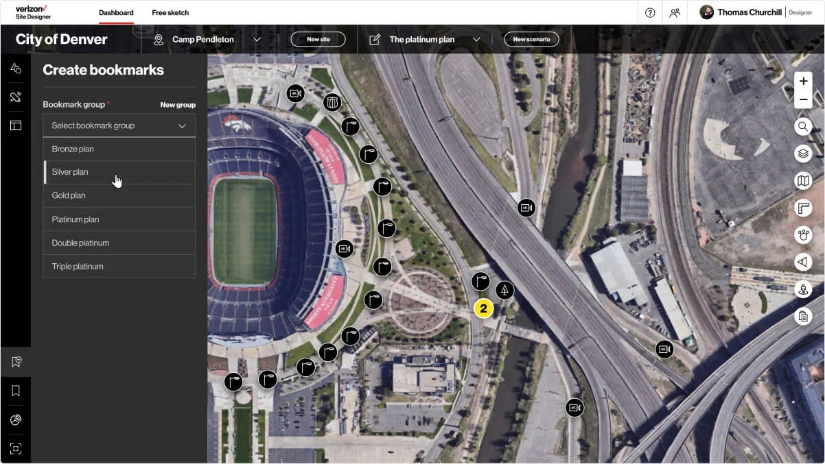 Map view of a stadium and diagrams of area lighting and camera hardware