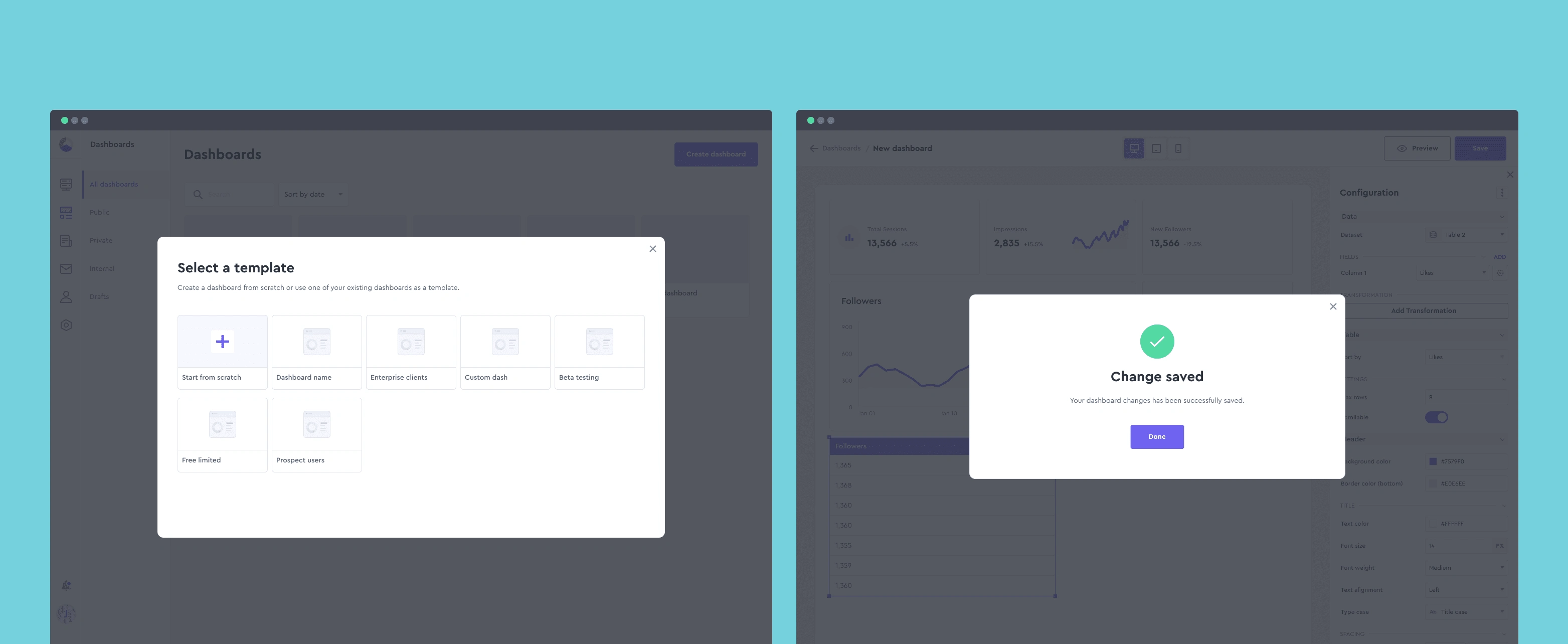 Create dashboard modal + Success state