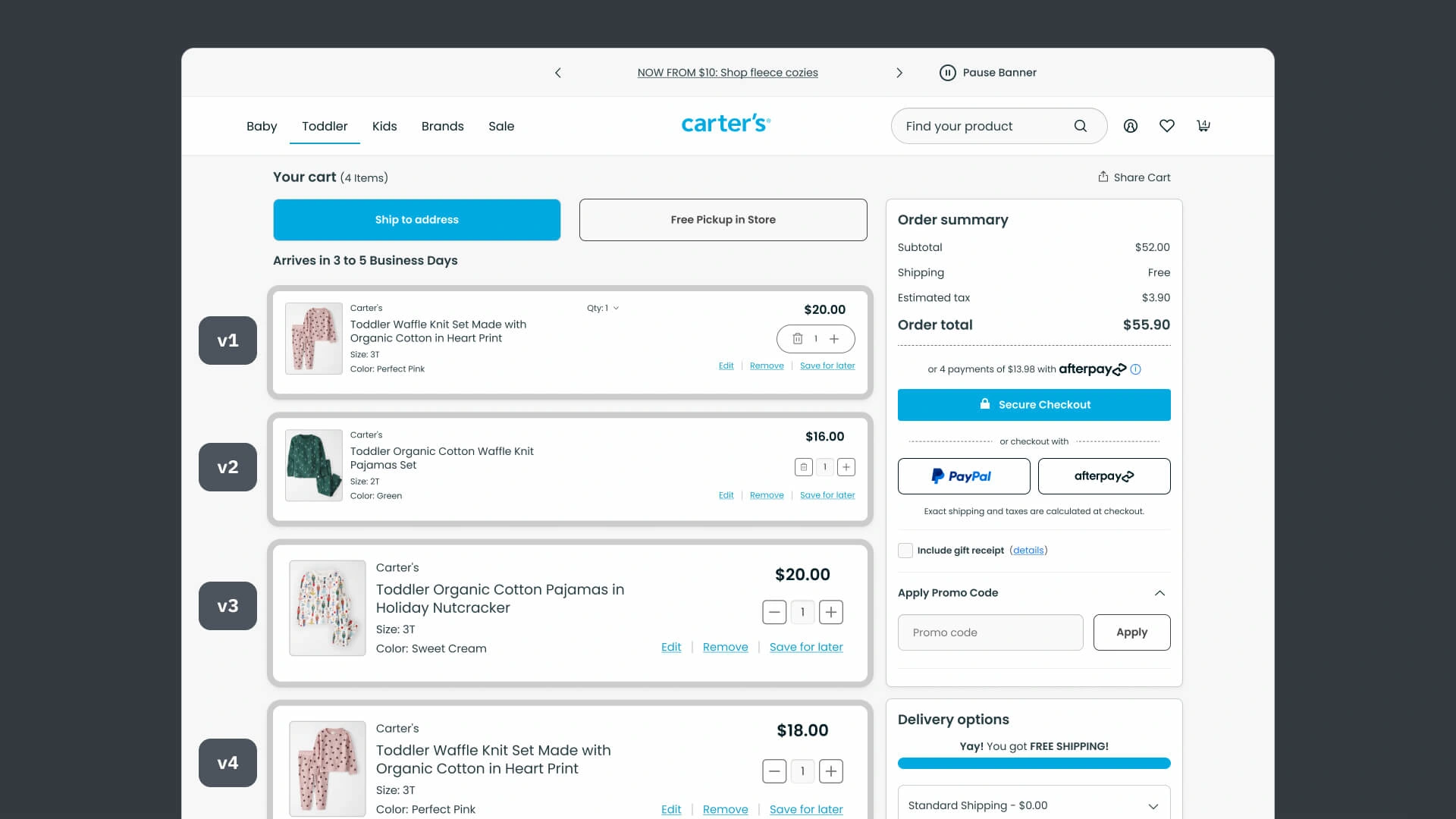 Iterations for cards on the cart page.