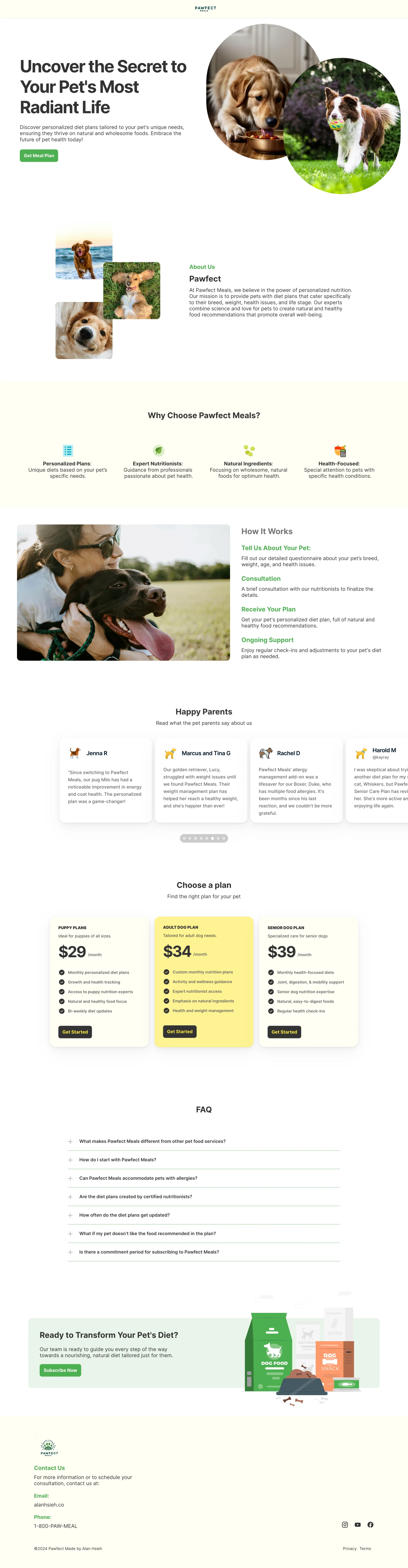 One-page website design for Dog Diet Planning Business