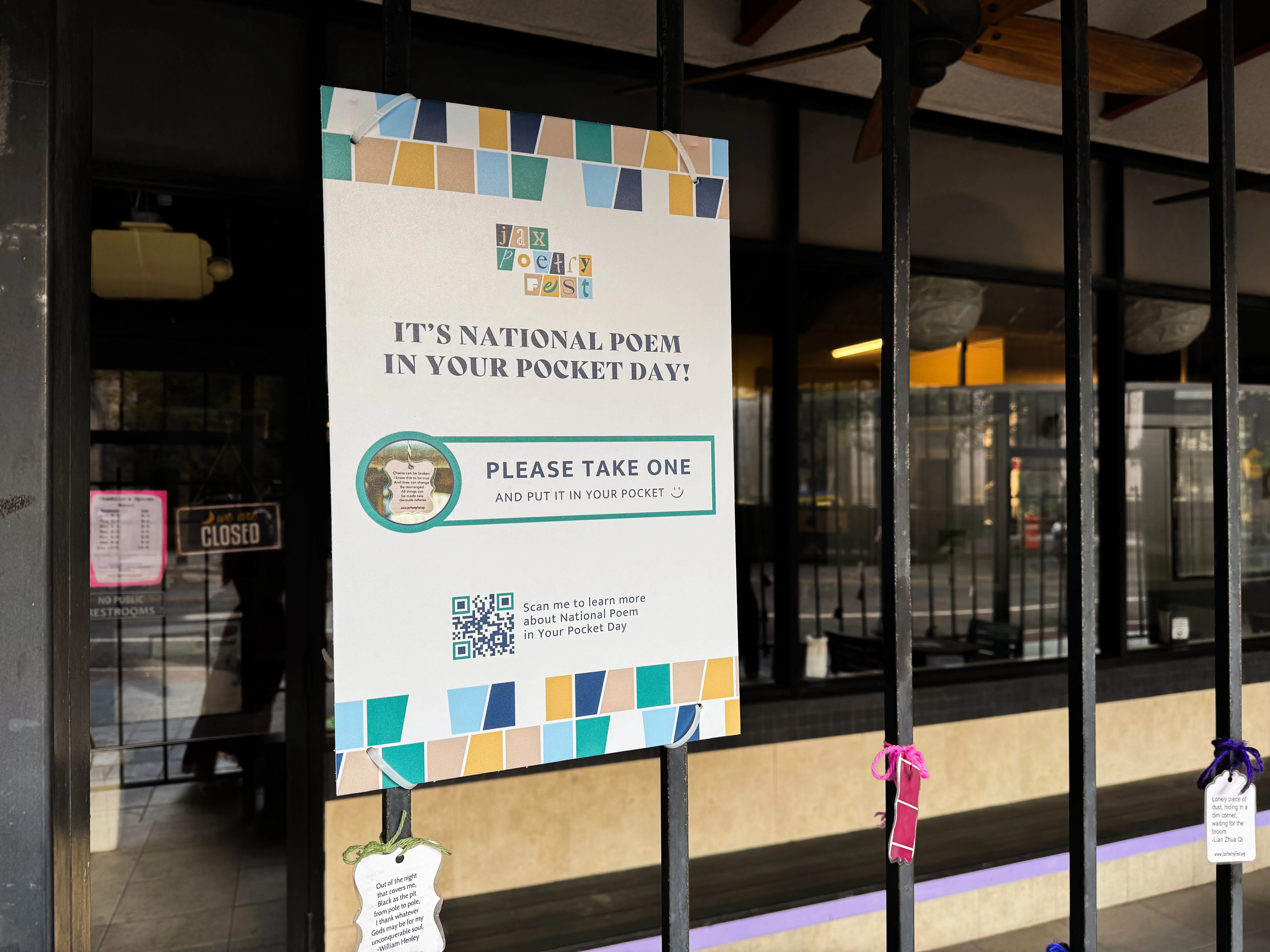 This is one of many other ways the Jax Poetry Fest branding has been implemented. National Poetry In Your Pocket Day is during National Poetry Month so Jax Poetry Fest celebrates by putting up poems all around Downtown Jacksonville. 