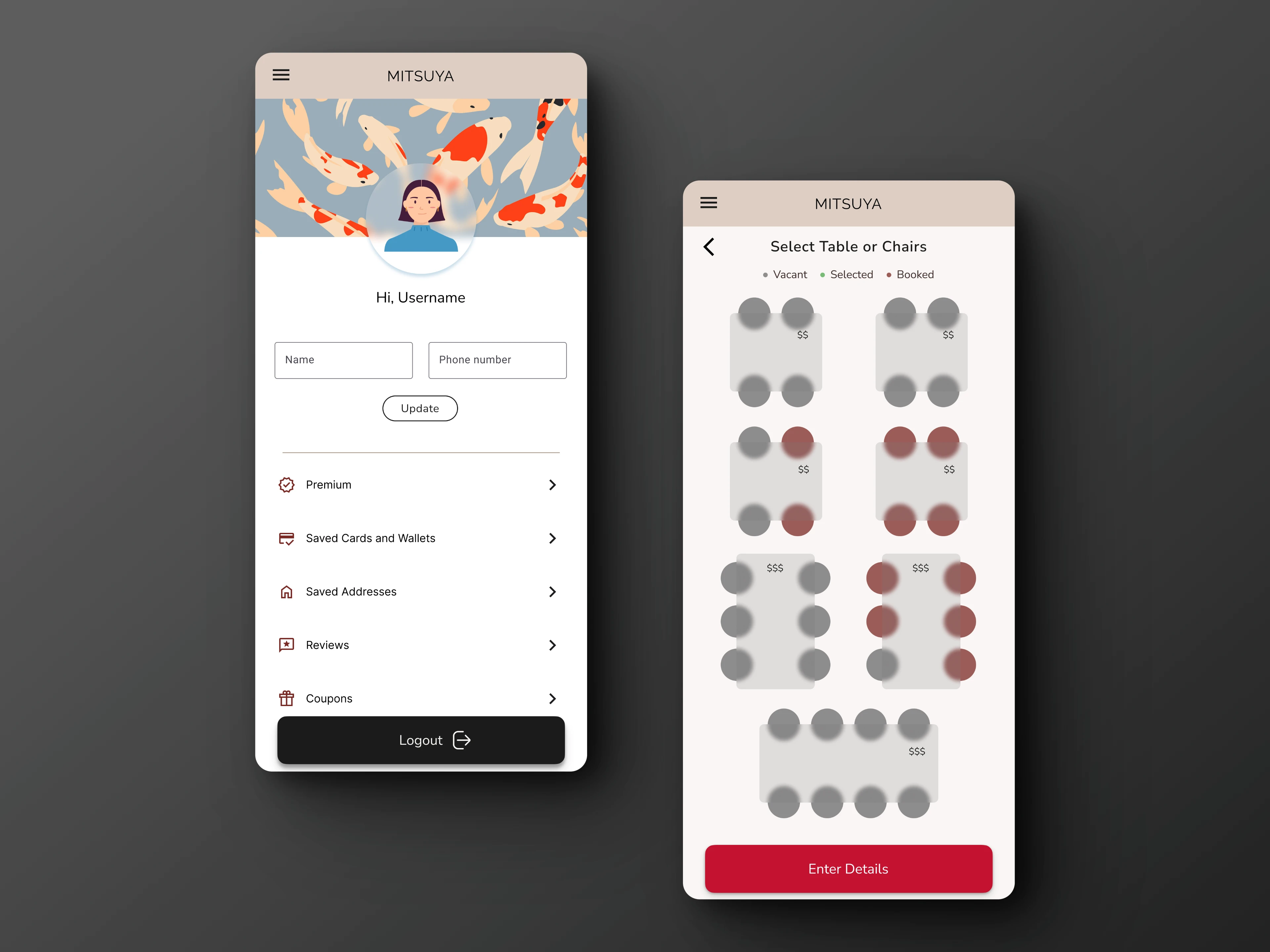 Profile and Table booking screens