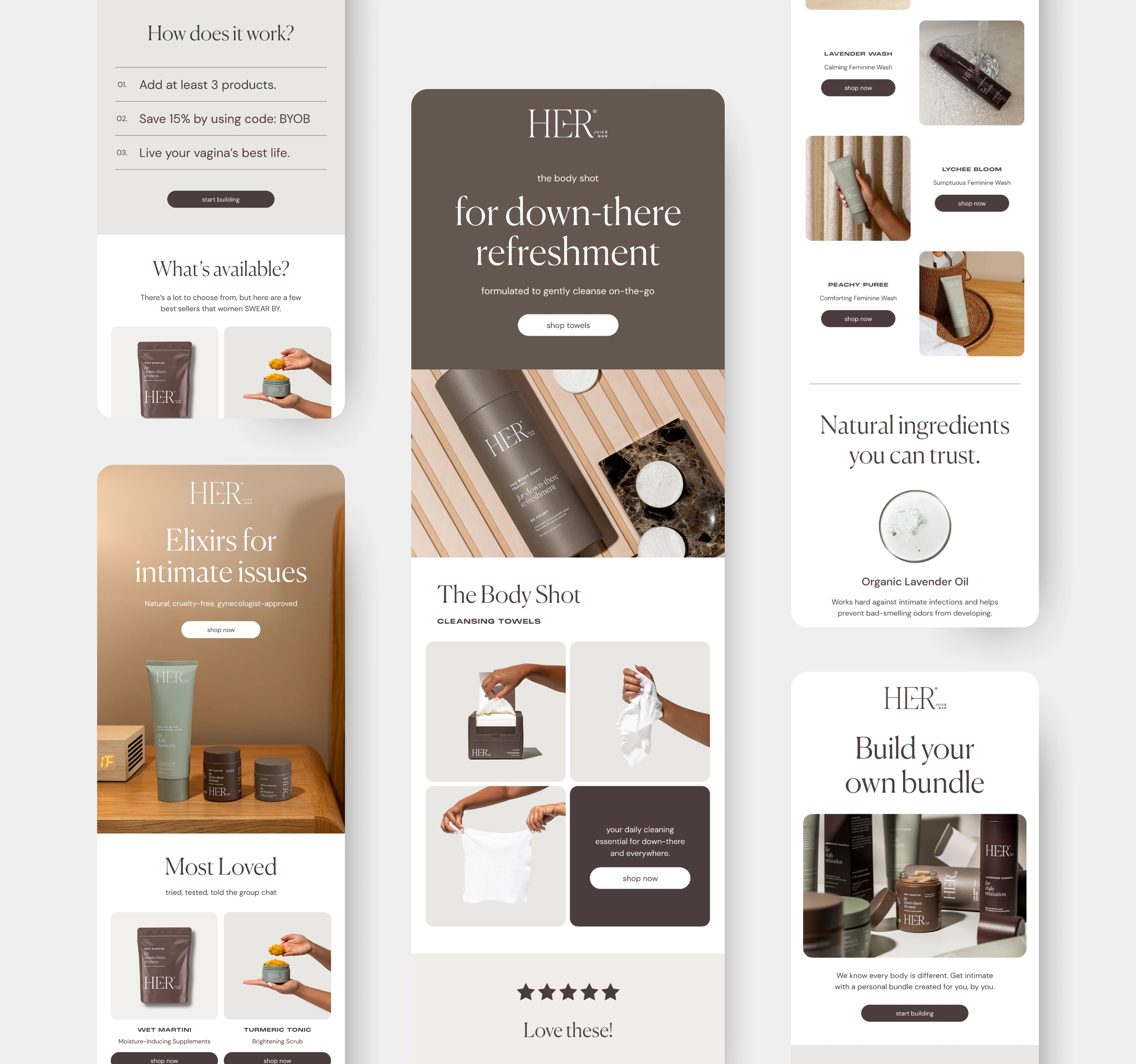 Email Designs for Her Juice Bar, an intimate care brand.