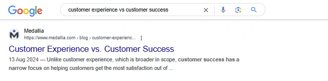 SERP Page 1 for Long-Tail Keyword: Customer Experience vs Customer Success

