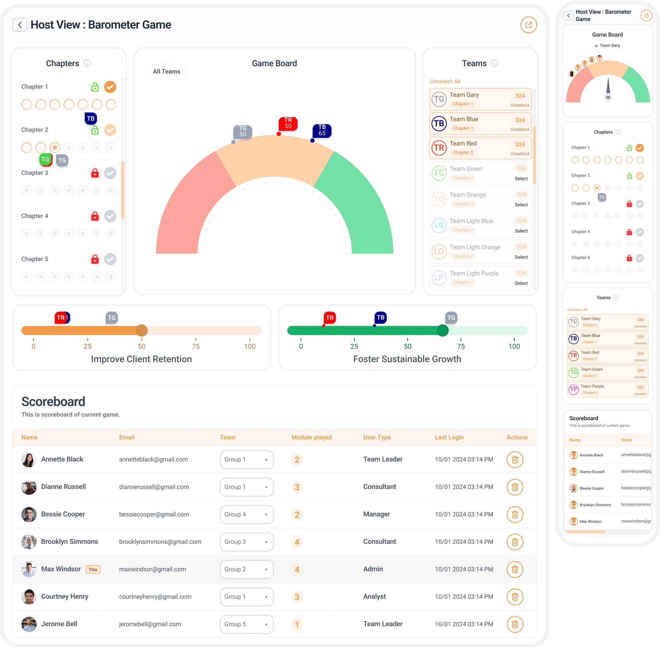 The Host View lets facilitators manage gameplay, track players, control chapters, and view scores. We simplified the design to make managing multiplayer games faster and easier.​