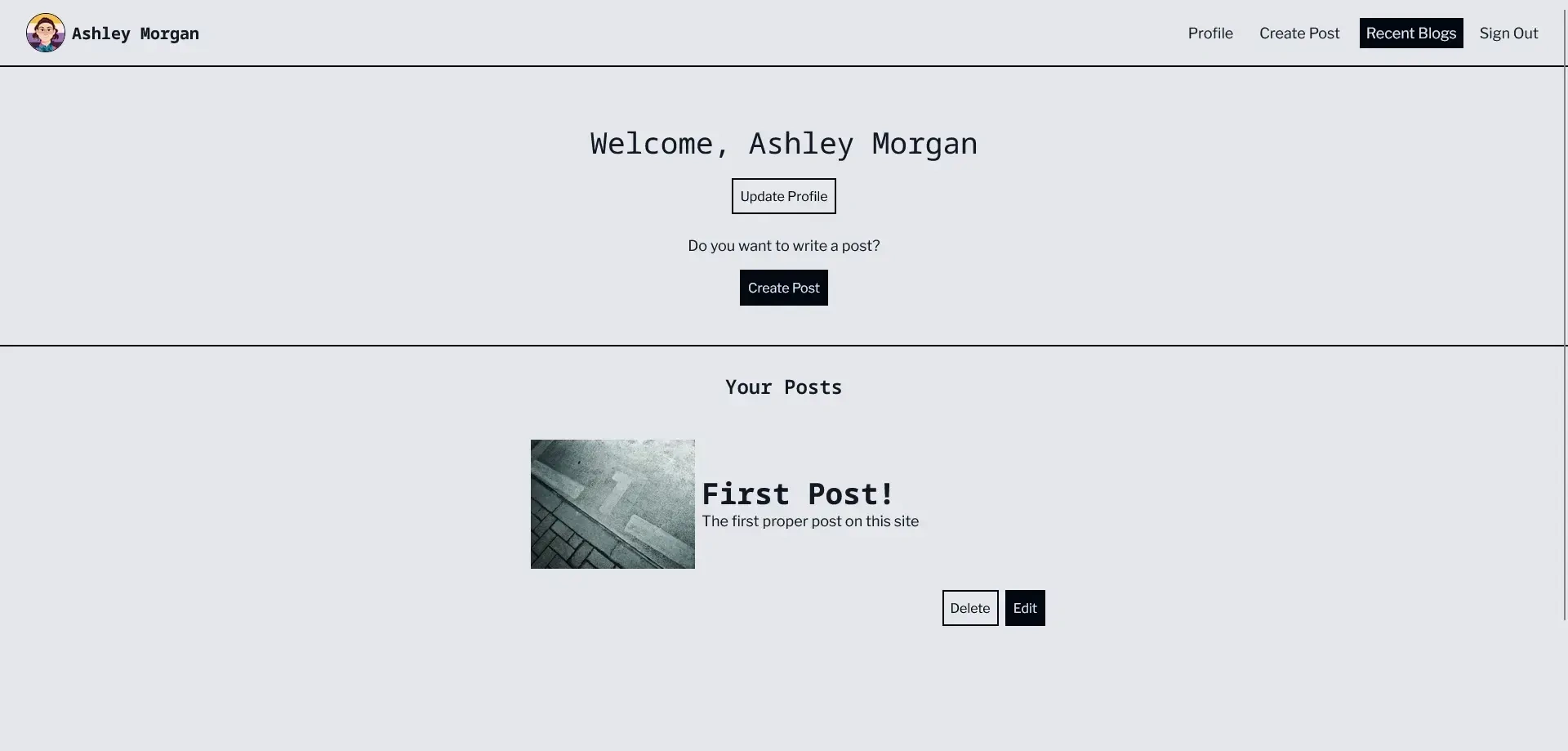 Light mode user homepage, with a post