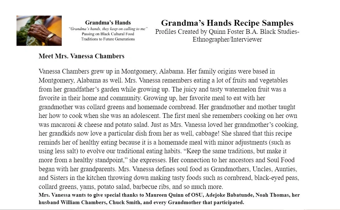 A draft of a grandmother's profile.