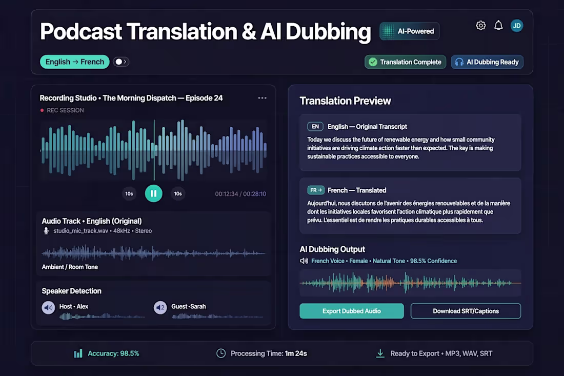 Cover image for Translated 28-min podcast episode from English to French wit...