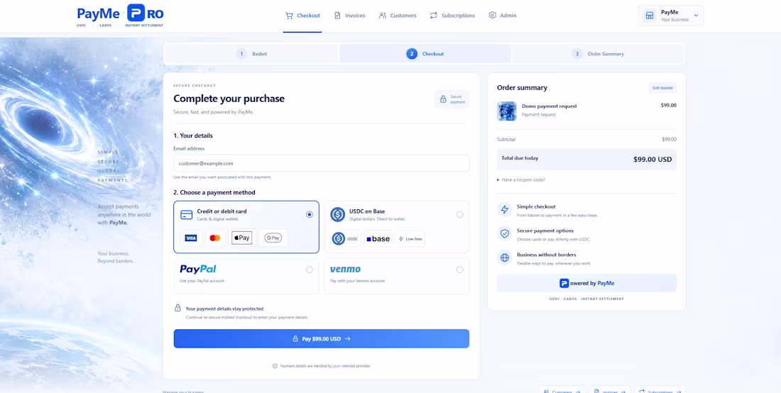 Cover image for PayMe Cards, USDC on Base, invoices and customer management. 