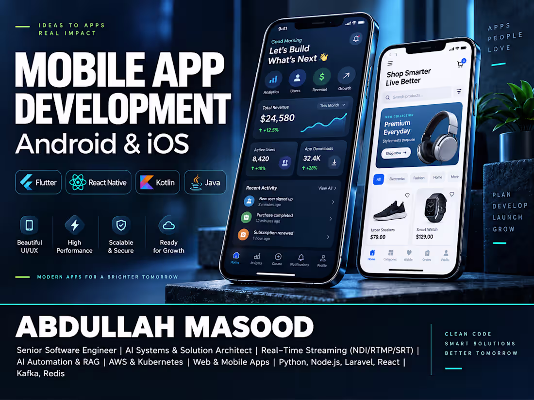 Cover image for Android & iOS App Development | Flutter, React, Swift & Kotlin