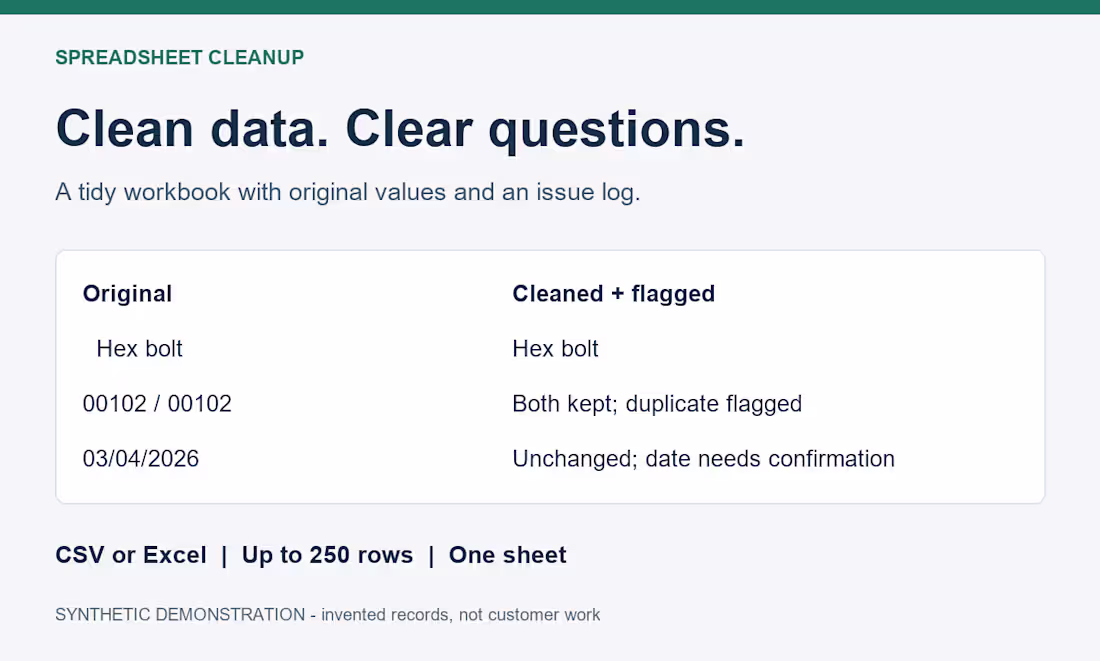 Cover image for Synthetic Excel cleanup demo: I
