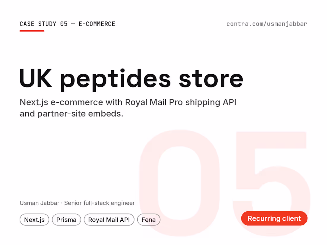 Cover image for UK peptides supplier — Next.js store + Royal Mail API