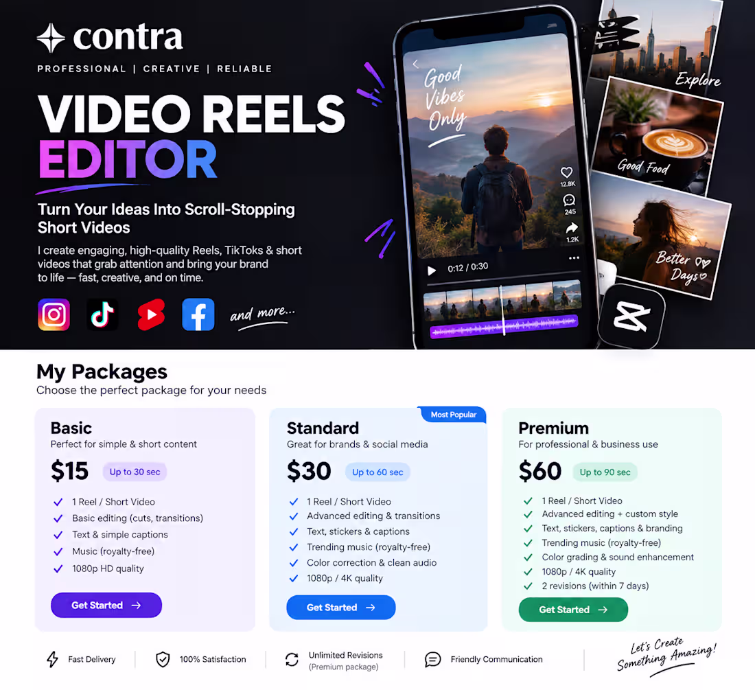 Cover image for Short-Form Video & Reels Editing for Instagram, TikTok and YouTu