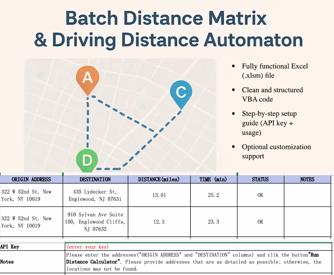 Cover image for Bulk Driving Distance & Time Calculator (Excel + API Automation)