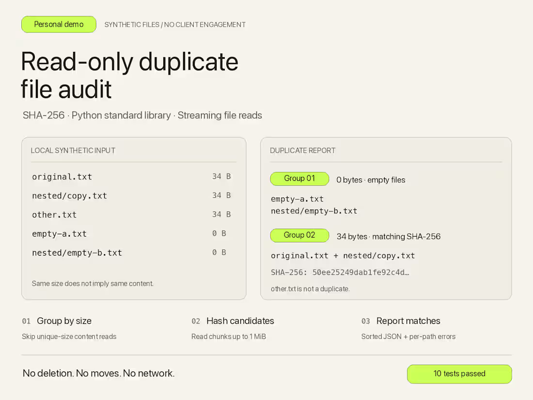 Cover image for Duplicate File Audit — Personal Python Demo