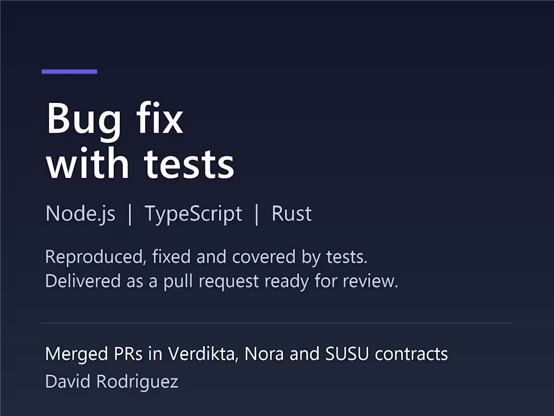 Cover image for Bug fix with tests for Node.js, TypeScript & Rust repos
