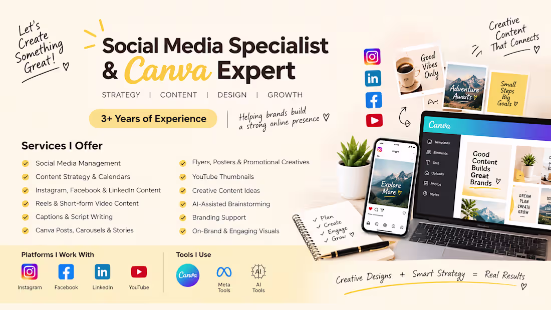 Cover image for Social Media Marketing,  Canva Designer, Video Editing