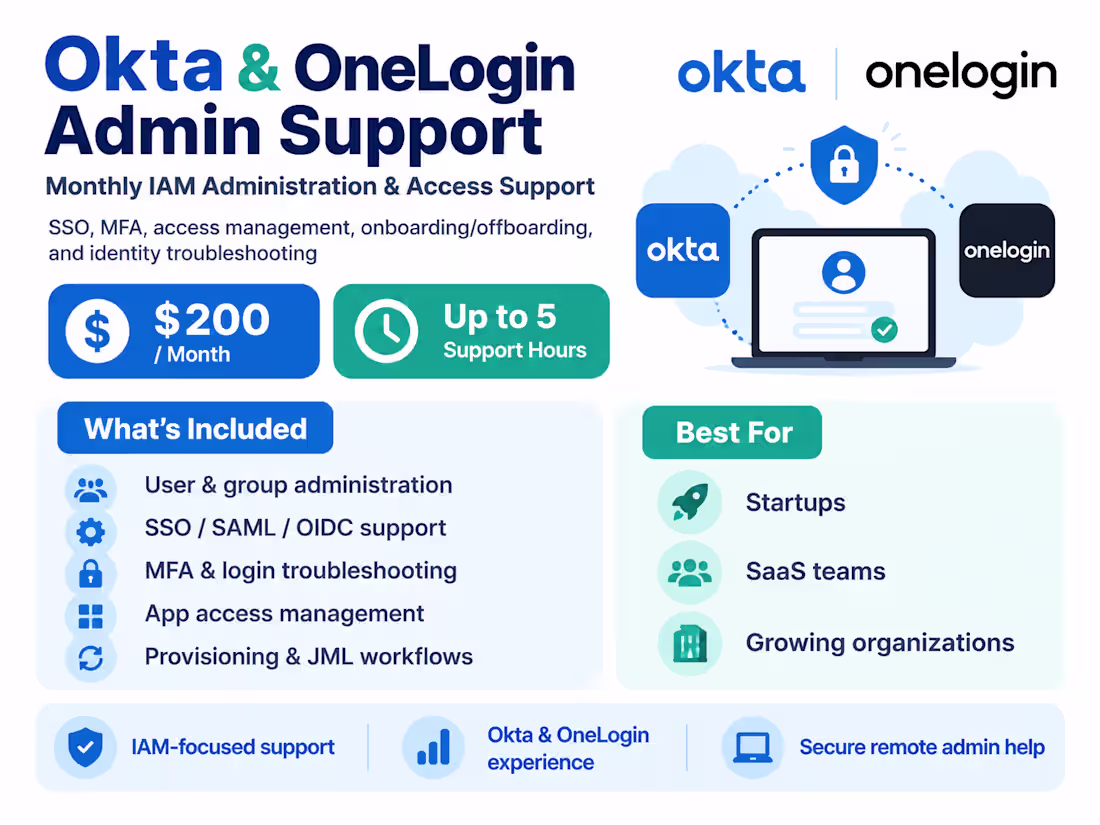 Cover image for Okta & OneLogin IAM Administration & Support