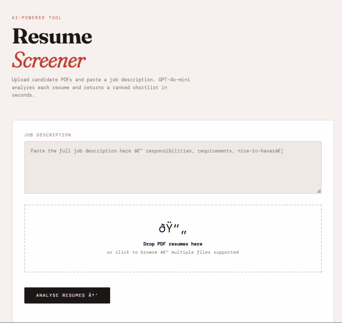 Cover image for AI Resume Screener
Description: Built an