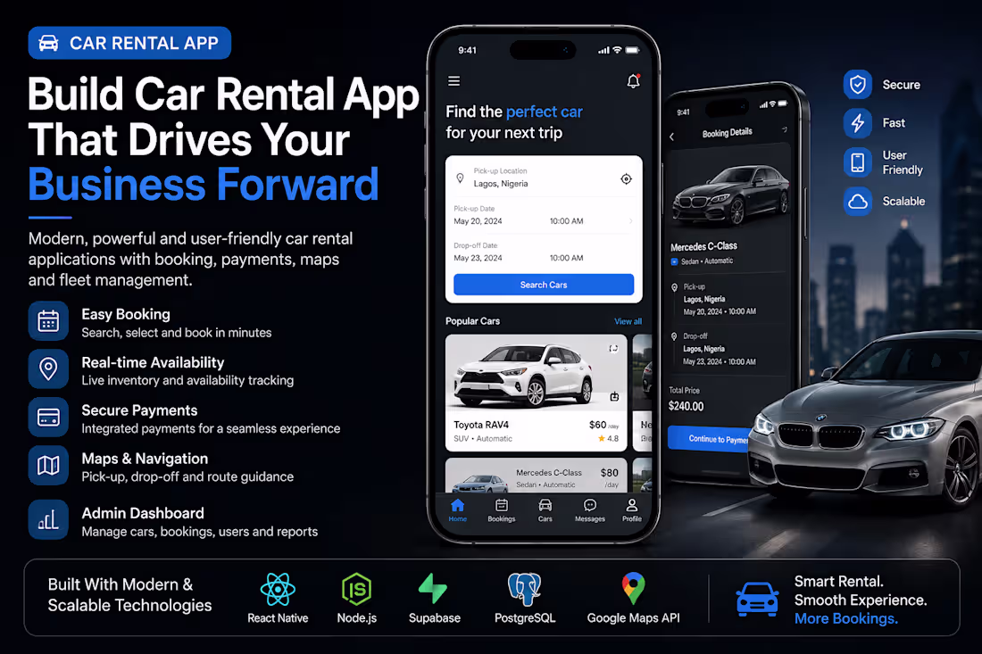 Cover image for Build car rental app with booking payments maps and fleet manage
