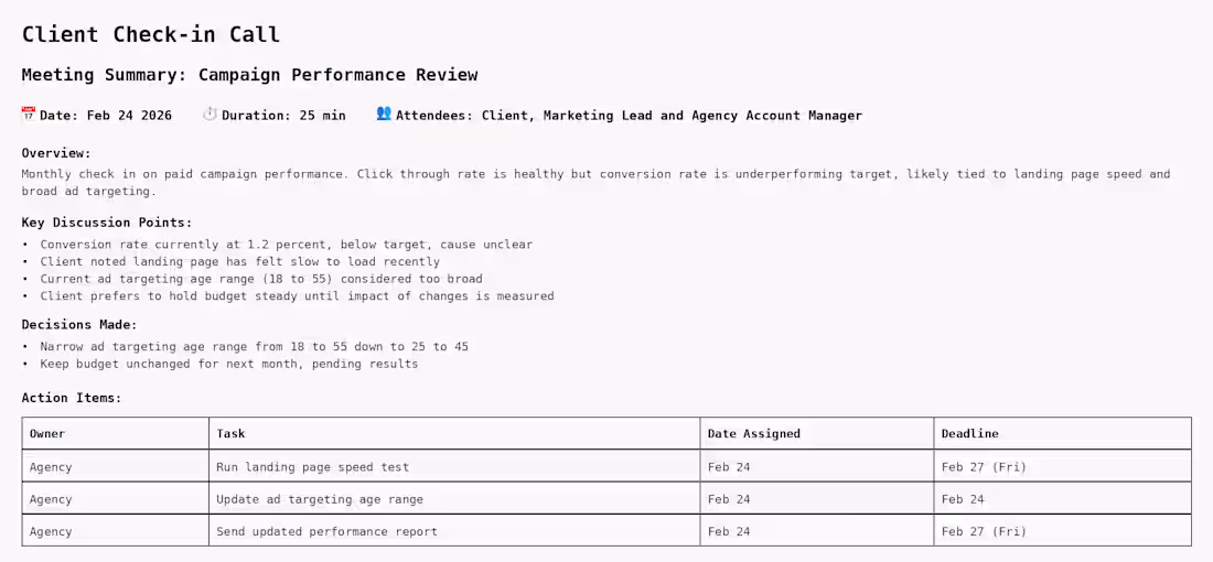 Cover image for Client Check-in Call - Meeting Summary (Campaign Performance...
