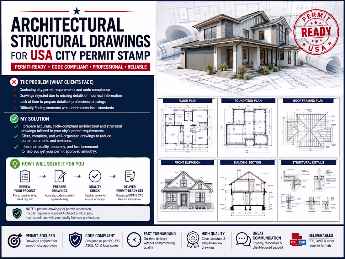 Cover image for Architectural Structural drawings for USA city permit Stamp