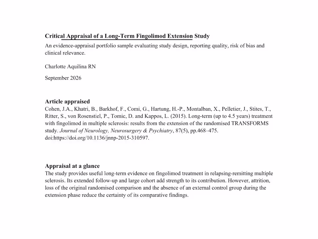 Cover image for Crticial Appraisal: Long-Term Fingolimod Extension Study