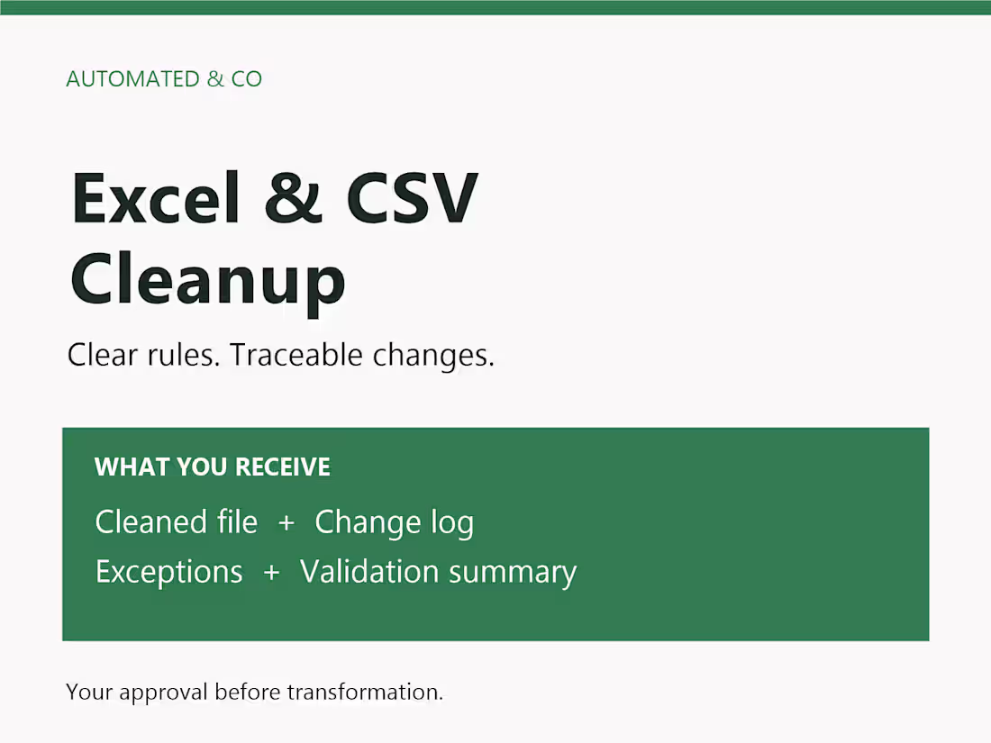 Cover image for Excel & CSV Spreadsheet Cleanup with Audit Log