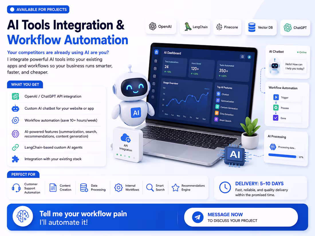 Cover image for AI Tools Integration & Workflow Automation